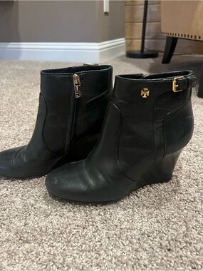 Tory Burch Black Leather Wedge Ankle Boots with Gold Hardware